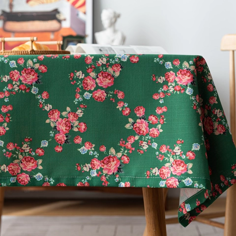 Mantel Rectangular de Poliéster Estilo Vintage Americano con Estampado Botánico Floral de Rosas Helechos Hojas de Plátano