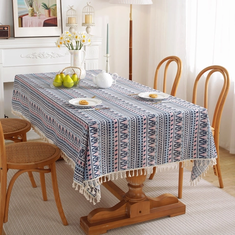 Bohemian Polyester Cotton Tablecloth Geometric Pop Pattern With Tassels Dustproof Decorative Kitchen Dining Table Cover