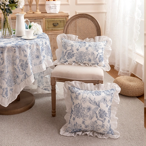 Französisch Pastoral Rüschen Baumwolle Bestickt Kissenbezug Romantische Blumen Lotusblatt Rand Dekorative Kissenhülle Für Sofa Bett