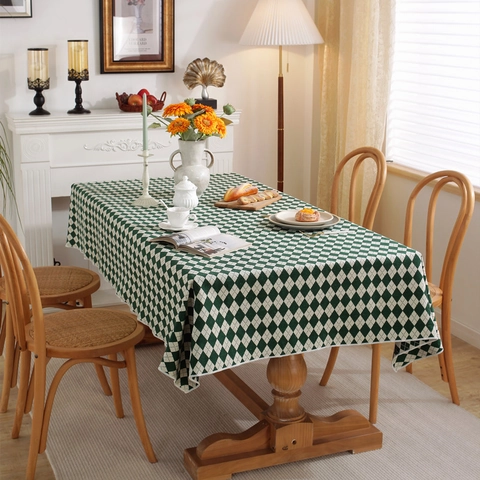 Nappe Vintage Argyle Polyester Teint en Fil Motif Diamant Antipoussière Housse de Table Pour Décoration de Cuisine Salle à Manger