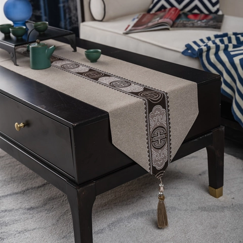 Chinese Style Polyester Table Runner With Large Tassels Traditional Cloud Geometric Pattern For Home Dining Table Decor