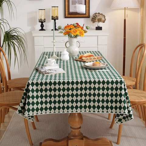 Nappe Vintage Argyle Polyester Teint en Fil Motif Diamant Antipoussière Housse de Table Pour Décoration de Cuisine Salle à Manger