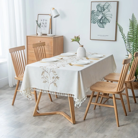 Mantel Nórdico Bordado Con Flores y Cuadros Con Borlas Rectangular Cubierta de Mesa Antipolvo de Fibra Sintética para Comedor Hogar