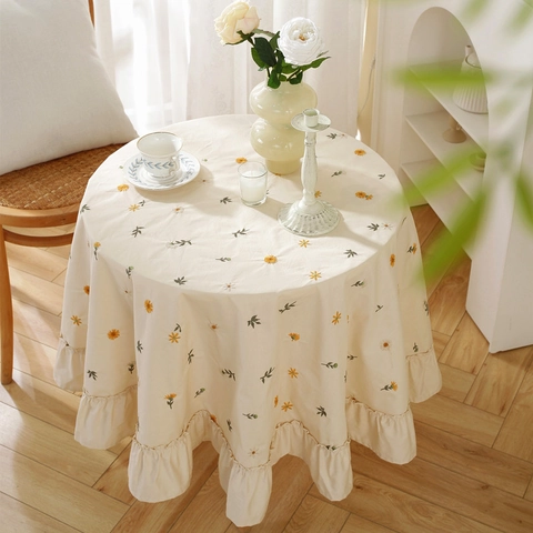 Elegante Tovaglia Rotonda in Cotone Ricamato a Fiori Con Bordo a Volant Albicocca Pastorale per Sala da Pranzo Decorazione Casa