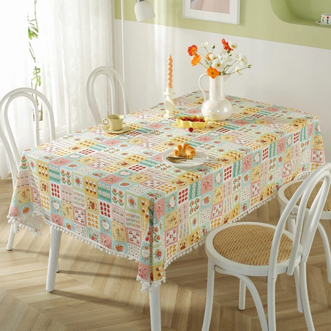 Nappe en Coton Imprimé Style Pastoral Français Couverture de Table Rectangulaire Avec Bordure à Pompons Pour Cuisine Maison