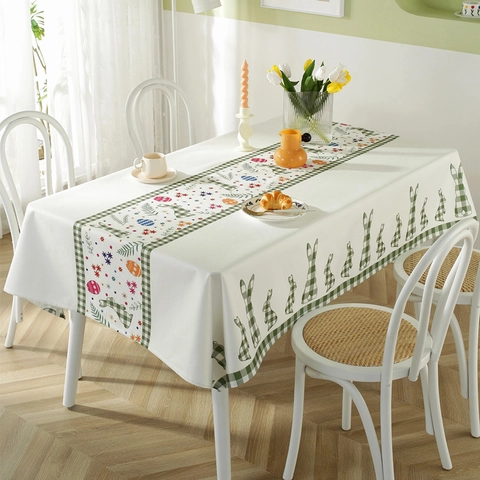 Easter Polyester Printed Tablecloth Bunny Grid Floral Waterproof Table Cover For Holiday Party Home Kitchen Decor Table Linens