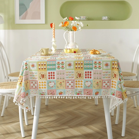 Nappe en Coton Imprimé Style Pastoral Français Couverture de Table Rectangulaire Avec Bordure à Pompons Pour Cuisine Maison