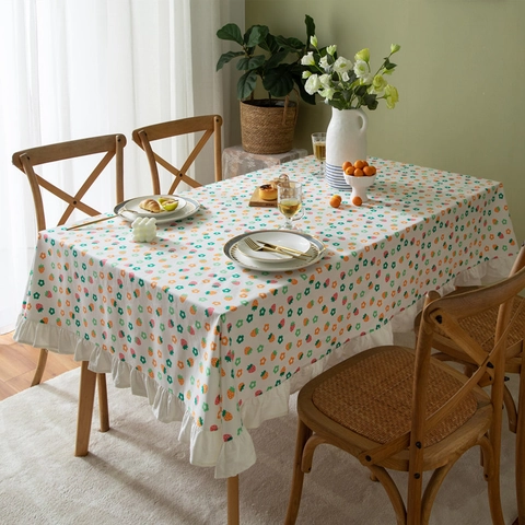 Pastoral Cotton Printed Tablecloth With Ruffle Edge Fresh Floral Strawberry Leaf Pattern For Dining Coffee Table Home Decoration