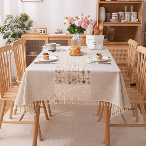 Tovaglia Minimalista in Poliestere Effetto Lino Con Eleganti Cuciture in Pizzo e Nappine Copritavolo Rettangolare Per Arredamento Casa e Cucina