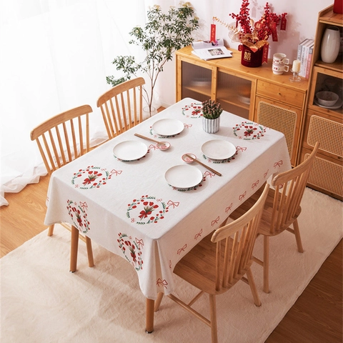 Pastoral Digitaldruck Rechteckige Tischdecke Rote Tulpe Erdbeere Wellenrand Polyester Leinen Tischtuch Wohndekor