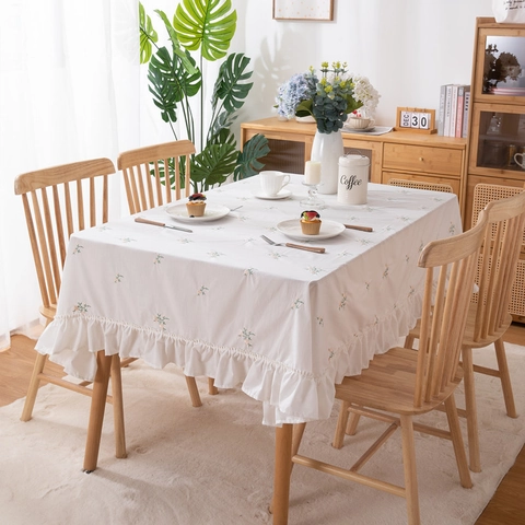 French Pastoral Cotton Tablecloth Floral Embroidery Ruffle Hem White Rectangular Round Table Cloth Home Kitchen Dining Decor