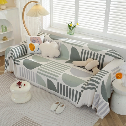 Nordic Waffle Weave Printed Sofa Towel Geometric Striped Polyester Cotton Blend Sofa Cover Decorative Blanket With Tassels