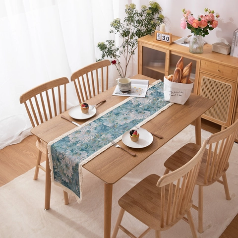 Runner da Tavola Jacquard Vintage a Fiori di Margherita Con Nappe in Poliestere Cotone per Credenza Tavolo da Pranzo