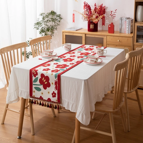 Camino de Mesa Boda Tradicional China Poliéster Diseño Floral Doble Felicidad Decoración de Mesa Festiva Con Borlas