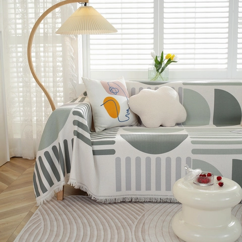 Nordic Waffle Weave Printed Sofa Towel Geometric Striped Polyester Cotton Blend Sofa Cover Decorative Blanket With Tassels