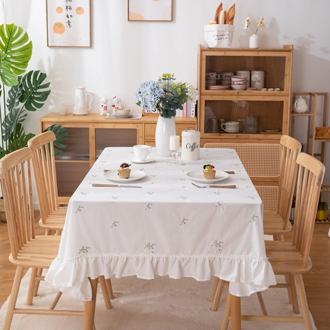 Französisch Pastoral Baumwolle Tischdecke Blumen Stickerei Rüschen Saum Weiß Rechteckig Rund Tischdecke Haus Küche Dekor