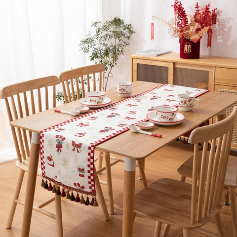 Camino de Mesa Boda Tradicional China Poliéster Diseño Floral Doble Felicidad Decoración de Mesa Festiva Con Borlas