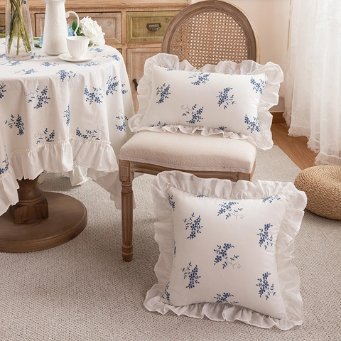 Französisch Romantisch Landhaus Baumwolle Kissenbezug Bestickt Floral Rüschen Spitze Deko Kissenhülle Für Sofa Bett Home Dekor