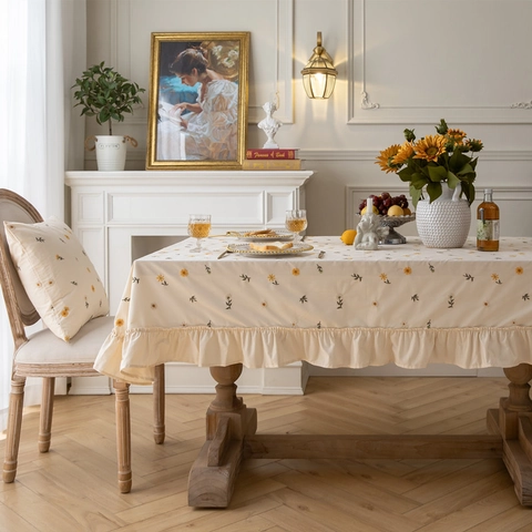 Mantel Redondo de Algodón Bordado Estilo Campo Francés Con Volantes Albaricoque Margarita Lavanda para Comedor