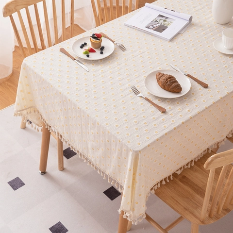 Pastoral Cream Sunflower Rectangular Tablecloth With Tassels Polyester Printed Jacquard Dustproof Decorative Dining Table Cloth