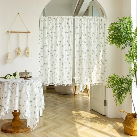 Japanese Ins Style Cotton Door Curtain Printed Strawberry Floral Partition Curtain With Tassel Pom-pom Fringe For Kitchen Home Decoration Short Curtain