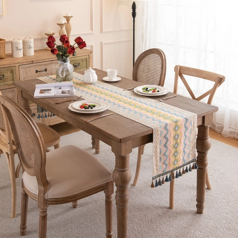 Camino de Mesa Bohemio Moderno con Ondas Geométricas y Borlas Jacquard de Poliéster Mantel Decorativo para Mesa de Comedor Hogar