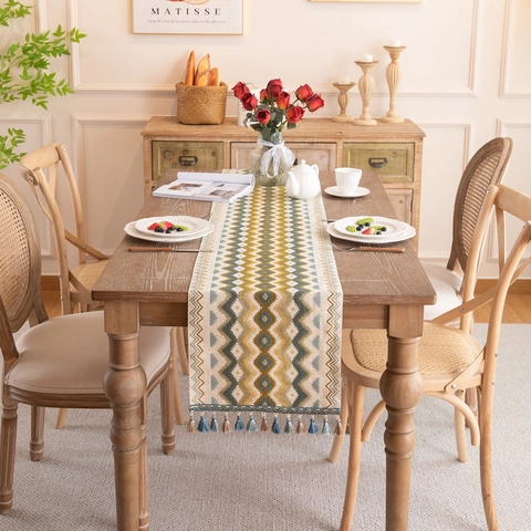 Camino de Mesa Bohemio Moderno con Ondas Geométricas y Borlas Jacquard de Poliéster Mantel Decorativo para Mesa de Comedor Hogar