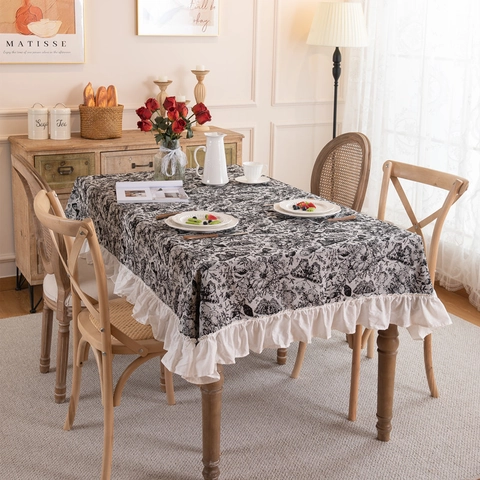 Vintage Yarn Dyed Polyester Cotton Butterfly Floral Jacquard Tablecloth With Ruffle Tassel Rectangular Dining Table Cover