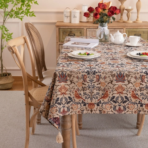 Vintage William Morris Style Tablecloth Thickened Polyester Cotton Yarn Dyed Jacquard Floral Bird Rectangular Table Cloth With Tassels