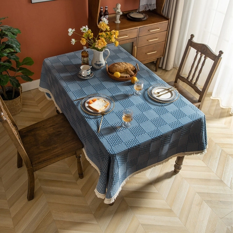 Geometric Plaid Jacquard Tablecloth With Tassels Rectangular Polyester Dining Table Cover Home Decor Dustproof Fabric