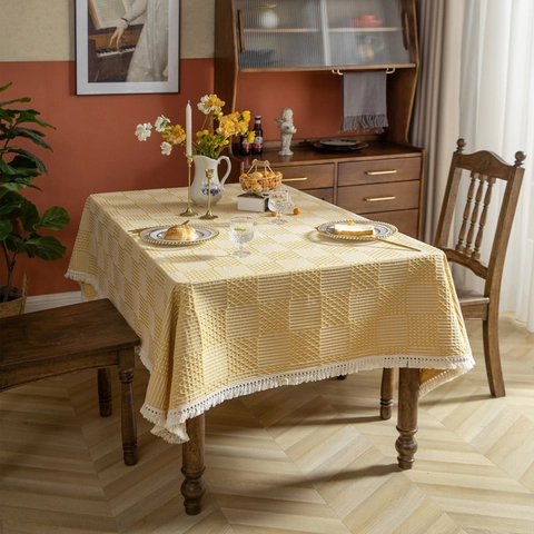 Geometric Plaid Jacquard Tablecloth With Tassels Rectangular Polyester Dining Table Cover Home Decor Dustproof Fabric