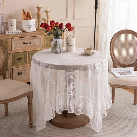 French Vintage Lace Tablecloth With Ruffles Floral Embroidery White Sheer Mesh Table Cover For Wedding Party Home Decor
