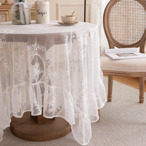 French Vintage Lace Tablecloth With Ruffles Floral Embroidery White Sheer Mesh Table Cover For Wedding Party Home Decor
