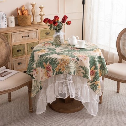French Romantic Floral Printed Tablecloth With Lace Ruffle Edge Decorative Round Rectangular Table Cover For Wedding Party Home Dining Decor