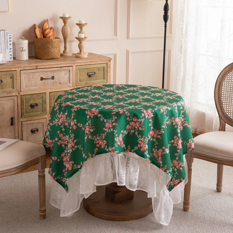 French Romantic Floral Printed Tablecloth With Lace Ruffle Edge Decorative Round Rectangular Table Cover For Wedding Party Home Dining Decor