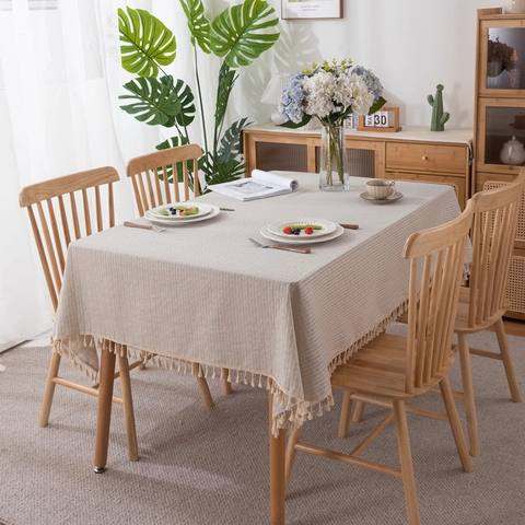 Japanese Style 100% Cotton Jacquard Striped Tablecloth With Tassels Rectangular Dustproof Decorative Table Cover For Dining Room
