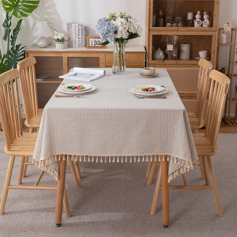 Japanese Style 100% Cotton Jacquard Striped Tablecloth With Tassels Rectangular Dustproof Decorative Table Cover For Dining Room
