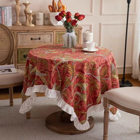 Mantel de Lona de Algodón Vintage Americano con Estampado de Pájaros y Flores con Borde de Volantes Plisados Cubierta de Mesa Redonda Rectangular Decoración del Hogar