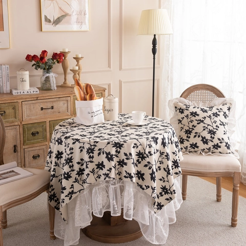 French Romantic Lace Printed Round Tablecloth Elegant Vintage Floral Polyester Table Cloth For Wedding Party Home Decor