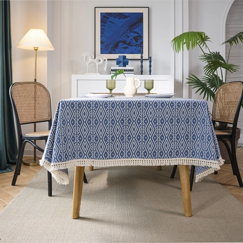 Nappe à Motif Losange Géométrique Avec Glands Style Bohême Ethnique Polyester Jacquard Anti-poussière Couvre-table Décoratif