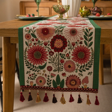 Camino de Mesa Vintage Americano Patrón Floral Borla Poliéster Étnico Mantel Decorativo Para Decoración de Comedor