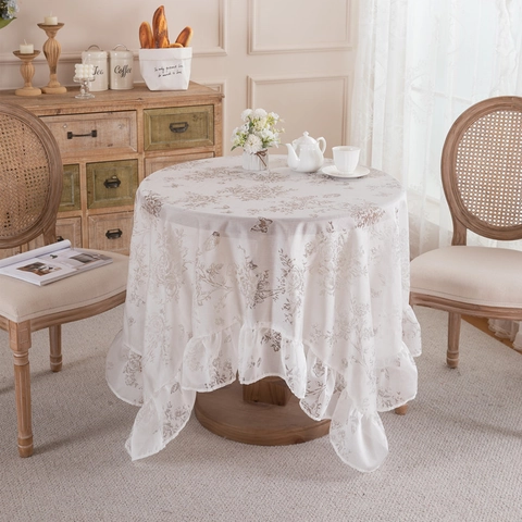 Mantel de Encaje Romántico Francés con Estampado Floral y Mariposa Borde con Volantes Cubierta de Mesa de Poliéster para Boda Hogar