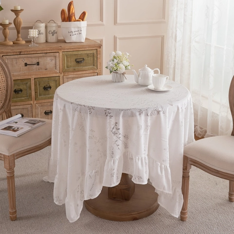 Mantel de Encaje Romántico Francés con Estampado Floral y Mariposa Borde con Volantes Cubierta de Mesa de Poliéster para Boda Hogar