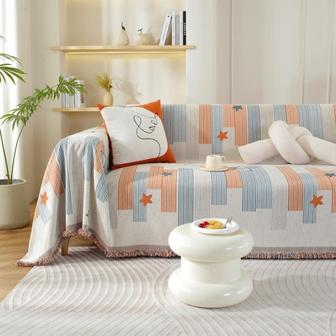 Copridivano Jacquard in Ciniglia Nordica a Strisce Stella Telo Copridivano Decorativo Con Nappe Protezione per Divano