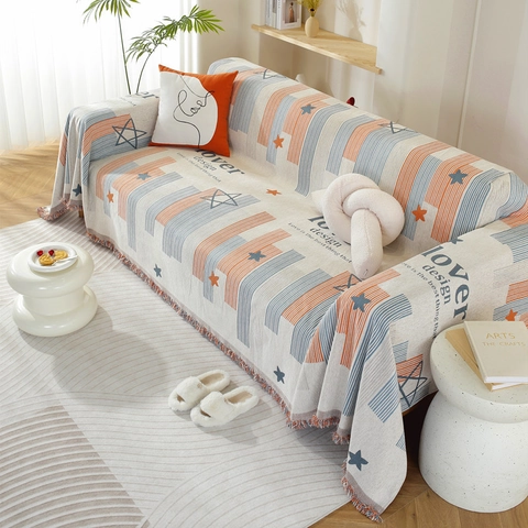 Copridivano Jacquard in Ciniglia Nordica a Strisce Stella Telo Copridivano Decorativo Con Nappe Protezione per Divano