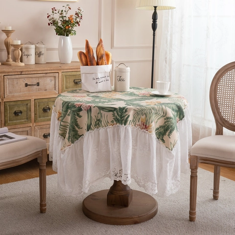 Nappe Imprimée en Polyester Pastoral Américain Avec Bord à Volants en Dentelle de Coton Housse de Table Fleurie Vintage