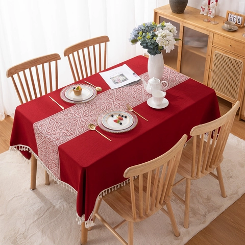 Vintage Red Jacquard Tablecloth With Tassels Rectangular Polyester Faux Linen Table Cover For Wedding Festive Home Decor