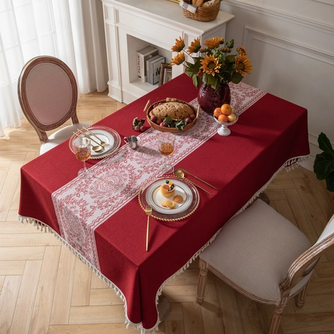 Vintage Red Jacquard Tablecloth With Tassels Rectangular Polyester Faux Linen Table Cover For Wedding Festive Home Decor