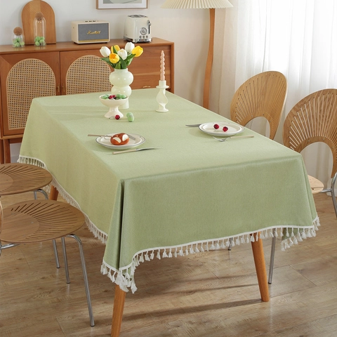 Modern Minimalist Solid Color Polyester Tablecloth Waterproof Tassel Rectangular Dining Table Cover For Home Kitchen Decor