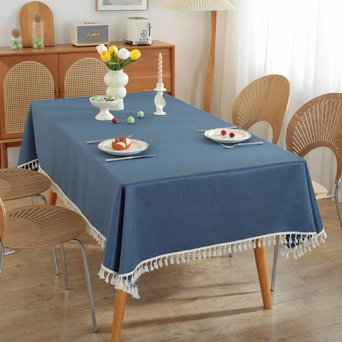 Modern Minimalist Solid Color Polyester Tablecloth Waterproof Tassel Rectangular Dining Table Cover For Home Kitchen Decor